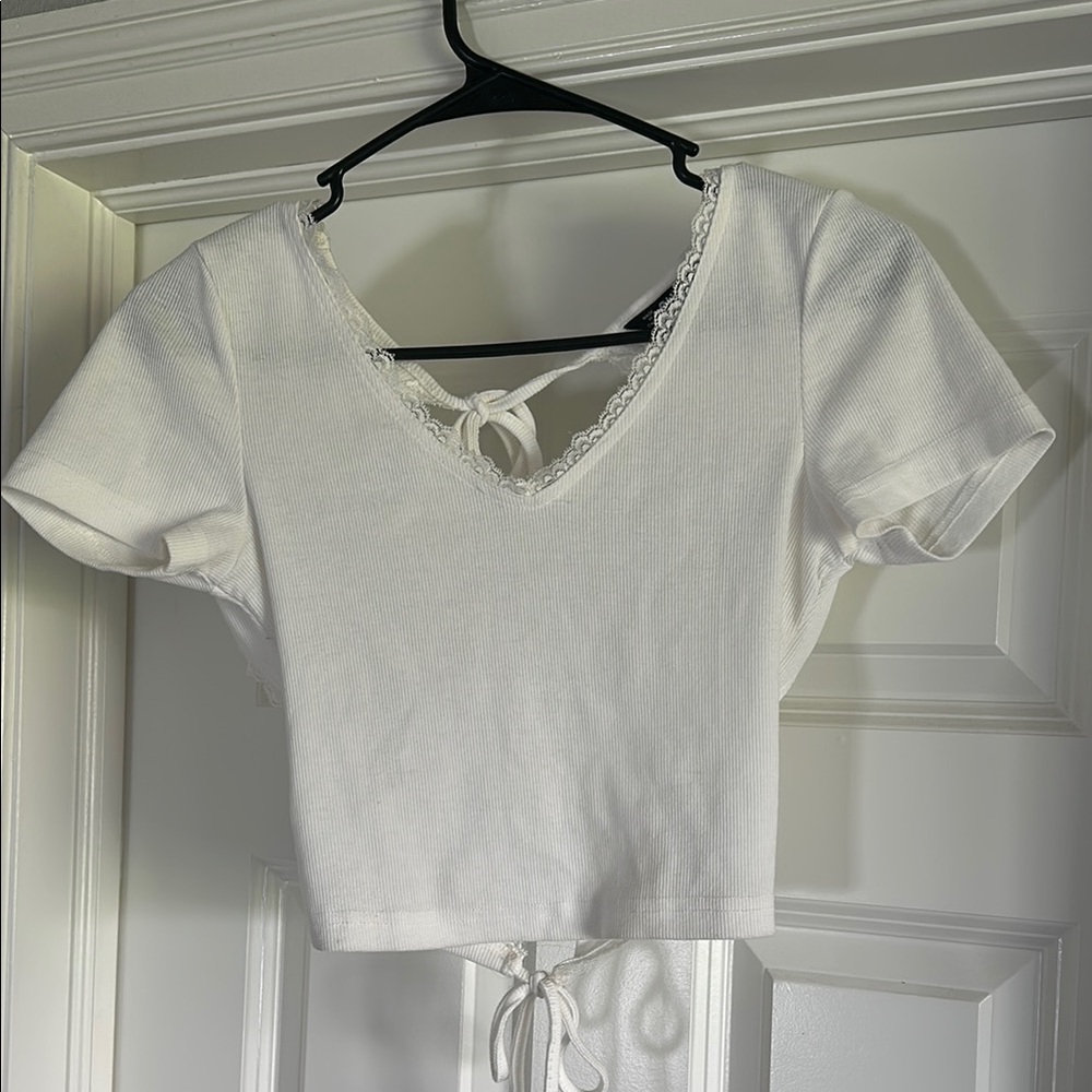 White Lace-Trimmed V-Neck Crop Top